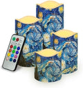 Battery Operated Candles with Remote Timer Flameless Candles Tea Lights Color Changing Electric Fake Plastic Pillar LED Candles Outdoor Home Room Decor Set of 4 Starry Sky Oil Painting by Uorisanigo