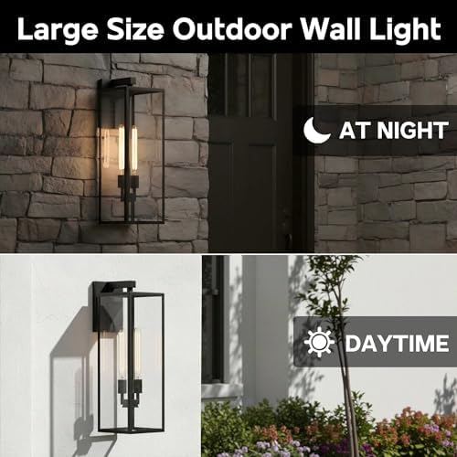 1 Pack 25in Extra Large Outdoor Wall Light 2-Light Black Wall Lantern for Porch,25” Exterior Sconce Metal and Glass Large Porch Light Black Outdoor Lanterns Garage Patio Outside Lighting 2-Bulb,E26 - Image 6