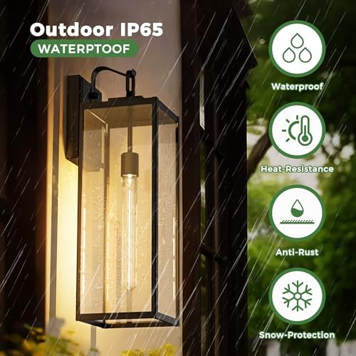 DORESshop 20 Inch Large Size Dusk to Dawn Outdoor Wall Lights, Matte Black Waterproof Anti-Rust Outdoor Light Fixtures Wall Mount with Clear Glass Shade for Porch, with T30 Light Bulbs, 2 Pack - Image 5