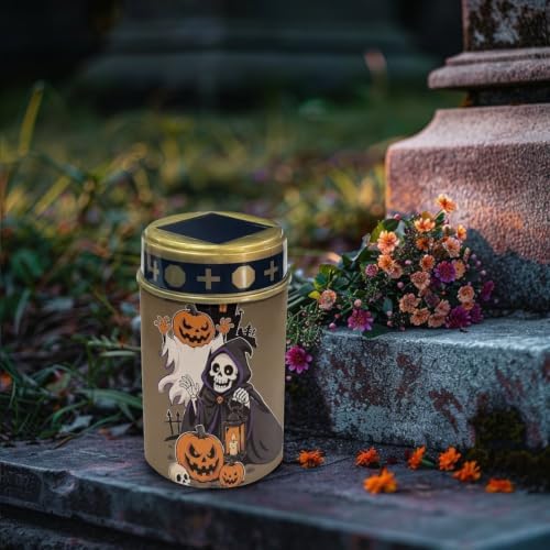 Poceacles Solar Lights Outdoor Grave Candle for Cemetery Decoration Solar Outdoor Lights for Garden Lawn Backyard Pathway Halloween Decor, Pumpkin Skull Brown, Pack of 2 - Image 3