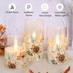 Sunflower Glass Flameless Candles Battery Operated with Remote Timer Flickering LED Pillar Candles Summer Fall Decorations Gifts for Women Mothers Day Birthday Table Centerpieces, Set of 3 - Image 3