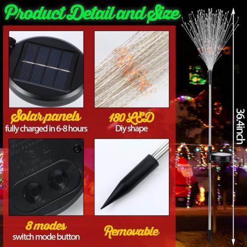 Tujoe 6 Pcs Christmas Solar Firework Stake Lights 180 LED 8 Modes - Image 4