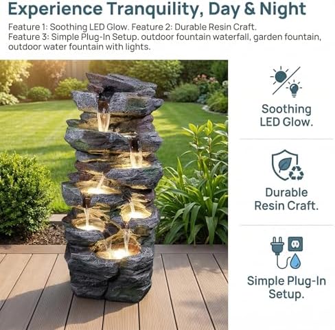 Polibi Outdoor Water Fountain with LED Lights, Rock Waterfall Garden Fountain, Tiered Cascading Resin Fountain for Patio Backyard Lawn Porch, Outdoor Water Feature with Pump, Gray - Image 3