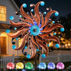 360°Solar Wind Spinners for Yard and Garden - Outdoor Metal Wind Sculptures & Spinners, Vintage Copper Blue Kinetic Art with Solar Powered LED Multi-Color Glass Ball Lights for Patio, Lawn Decor by ZQQLITE