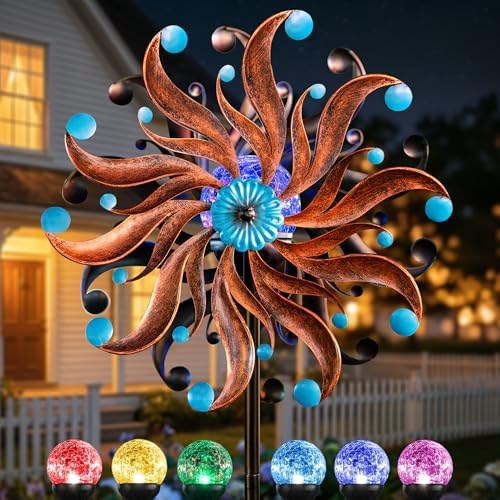 360°Solar Wind Spinners for Yard and Garden - Outdoor Metal Wind Sculptures & Spinners, Vintage Copper Blue Kinetic Art with Solar Powered LED Multi-Color Glass Ball Lights for Patio, Lawn Decor by ZQQLITE