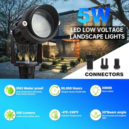 Low Voltage Landscape Lights Outdoor LED Landscape Lighting with Connectors 5W 500LM Focusing Lens Spotlights,24V AC/DC 3000K Warm White Waterproof IP65 Pathway Garden Yard Lights 6PACK - Image 2