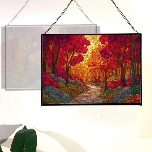 Path Through Glowing Autumn Forest Rectangular Stained Glass Suncatcher – Hanging Window Panel with Animal & Nature Scene – Vibrant Glass Art Gift for Wildlife, Fantasy, Nature Lovers nmbDYO - Image 3