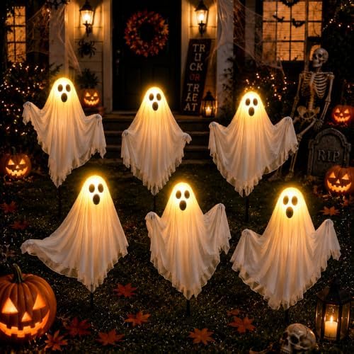 6 Pack Halloween Ghost Solar Lights, Ghost Pathway Lights with Stakes - Image 6