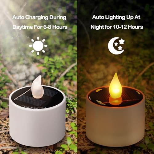 VOOKRY 12 Pcs Solar Tea Lights Outdoor - Flickering Solar Candle Lights Flameless Dusk to Dawn Lighting Waterproof Rechargeable LED Candles for Lantern Garden Camping Party Home Decoration,2.3''x2.1'' - Image 3