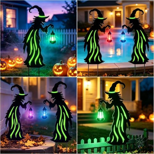 Halloween Decorations Outdoor,Metal Yard Witch Stake with Solar Lantern - Image 5