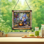 Gnome Making soap Stained Glass Suncatcher – Square Hanging Window Panel for Home, Garden, Nursery, Halloween, Christmas, Memorial Day – Whimsical Glass Art Gift for Gnome Lovers 03xua6 - Image 2