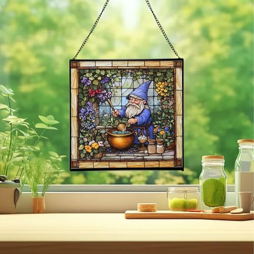 Gnome Making soap Stained Glass Suncatcher – Square Hanging Window Panel for Home, Garden, Nursery, Halloween, Christmas, Memorial Day – Whimsical Glass Art Gift for Gnome Lovers 03xua6 - Image 2