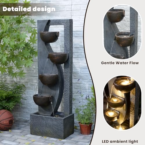 5-Tier Cascading Outdoor Fountain with LED Lights, 49.2" Tall Resin Waterfall Fountain for Garden, Patio, Backyard - Freestanding Water Feature - Image 4