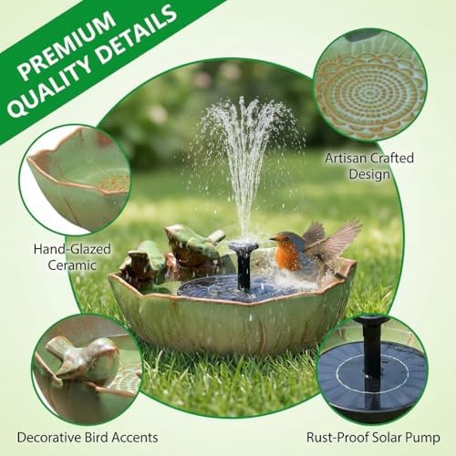 Large Ceramic Bird Bath Bowl with Solar Powered Fountain, Solar Bird Bath Fountain for Outdoors, Hummingbird Solar Water Fountain for Bird Bath, Tabletop Garden Bird Bath for Patio Yard Outdoor Décor - Image 3
