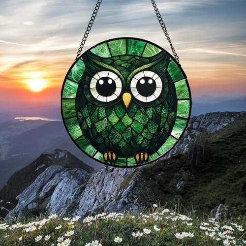 Owl Green Feathers Stained Glass Window Hanging Suncatcher Gifts 12" - Image 4