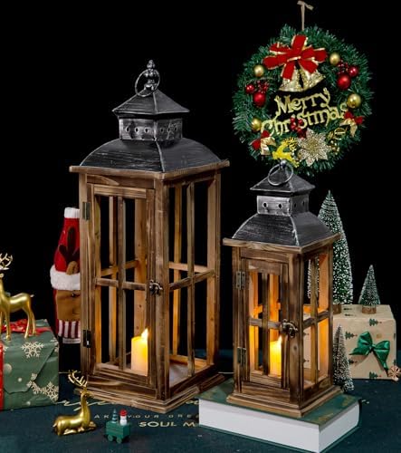 Large Farmhouse Decorative Wooden Lanterns Set of 2, Rustic Burnt Wood Floor Lanterns, Indoor/Outdoor Hurricane Lanterns for Home Decor (No Glass) - Image 4
