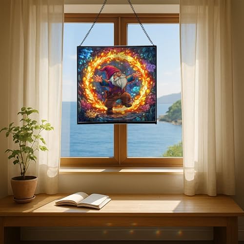 Fire Ring Gnome Dance Stained Glass Suncatcher – Square Hanging Window Panel for Home or Greenhouse – Whimsical Glass Art Gift for Garden Lovers, Christmas, Halloween, Father Days dHpxaH - Image 6