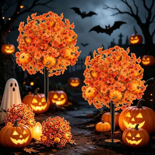 Outdoor Artificial Flowers Fake Plants, Artificial Topiary Balls with Ground Spikes, UV Resistant, Mix 4 Colors, 2 Pack, 20 inch, Garden Porch Patio Gravesite Indoor Decor (2 PCS Orange-Yellow) by Unknown