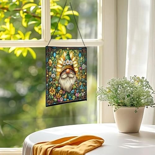 Daisy Crown Gnome Stained Glass Suncatcher – Square Hanging Window Panel for Home or Greenhouse – Whimsical Glass Art Gift for Garden Lovers, Christmas, Halloween, Father Days gdSmuZ - Image 3