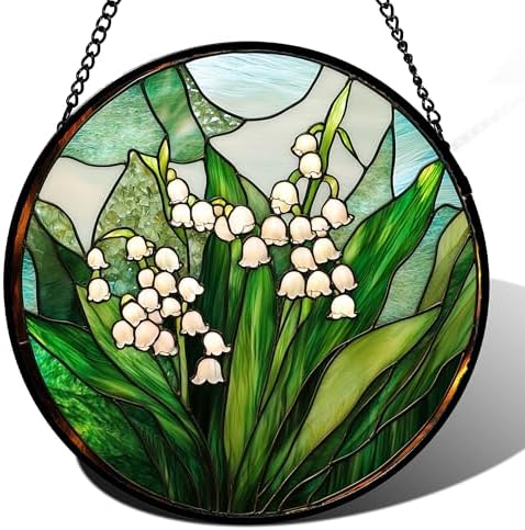 Stained Glass Window Hanging - White Green Lily of The Valley Suncatcher for Doors Garden Terrace Plant Sun Catchers Decor Mother's Day Birthday Flowers Gifts for Women Men Mom 11.8 in by JOSUMALY