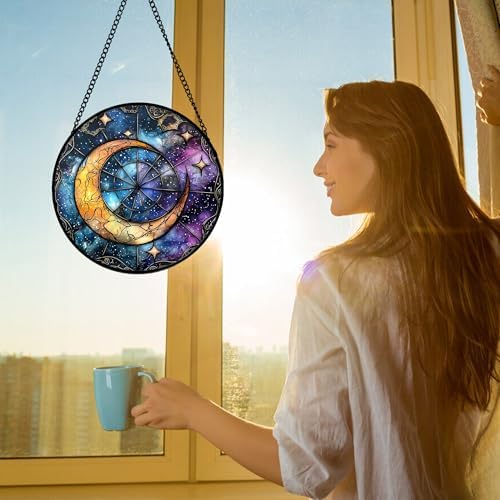 Celestial Moon Stained Glass Window Hanging Suncatcher Gift for Women 9.8" - Image 2