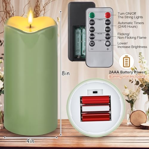 Rossesay 2 Pack 4 x 8 Inch Large Waterproof LED Pillar Candles, Sage Green - Image 2