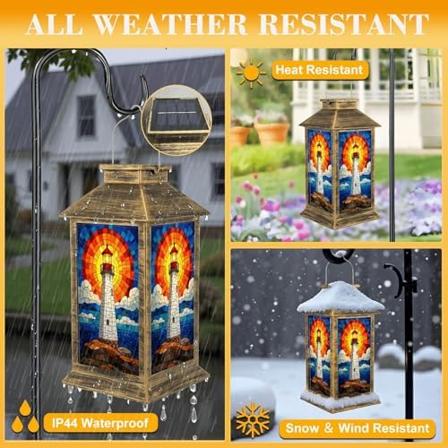 Solar Lantern Outdoor Waterproof Stained Glass Lighthouse Radiant Sunset Ocean Waves Garden Decor LED Hanging Solar Lights Tabletop Lamp Gifts for Women Mom Outside Yard Patio Porch - Image 3