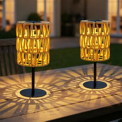 2PCS Solar Table Lamps Outdoor, Rattan Solar Lanterns Outdoor, Waterproof Wicker Lanterns Outd-oor, Rechargeable Table Top So-lar Lights LED Boho Lant-erns Out-Door for Balcony Patio Yard Lawn by Unknown