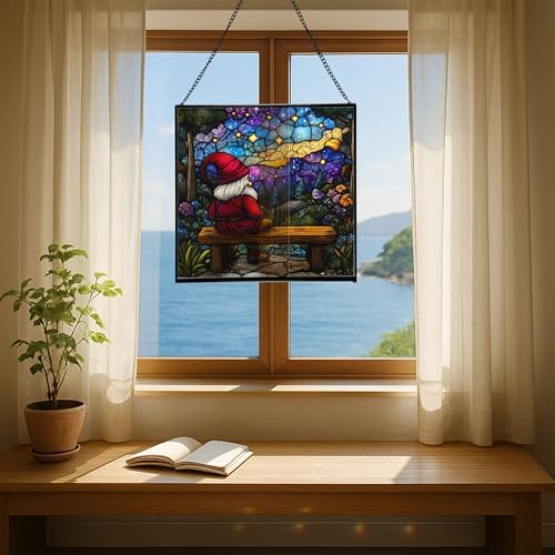 Gnome Stargazer Bench Stained Glass Suncatcher – Square Hanging Window Panel for Home or Greenhouse – Whimsical Glass Art Gift for Garden Lovers, Christmas, Halloween, Father Days RnUNeB - Image 6