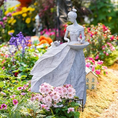 DiliComing Fairy Garden Statue Bird Feeder - 23-inch Large Sculpture for Outdoors Statues Bird-Bath Yard Decorations Fairy Garden Statue Grey White - Image 4