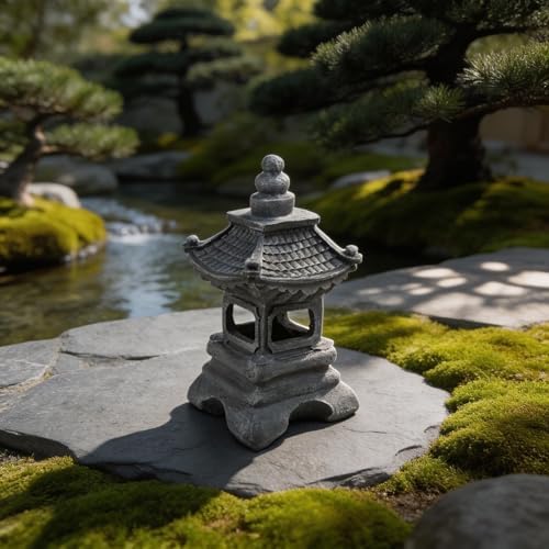 Polyresin Pagoda Garden Statue with Solar LED Light, Weather Resistant Zen Lantern for Outdoor Yard Patio Decor, Grey Finish(B) - Image 5