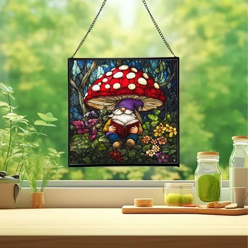 Gnome in Mushroom Hollow Stained Glass Suncatcher – Square Hanging Window Panel for Home or Greenhouse – Whimsical Glass Art Gift for Garden Lovers, Christmas, Halloween, Father Days DHs4J5 - Image 2