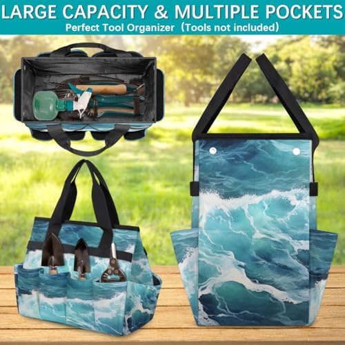 Sea Waves Garden Tool Bag Organizer Heavy Duty Ocean Gardening Tote Bag with 10 Pockets for Women Men Gardening Gifts - Image 4