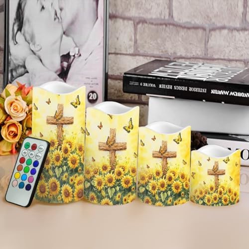 LED Flameless Candles with Remote Set of 4 Sunflower Cross Battery Operated Pillar Candles with Timer Color Changing Electric Candles for Wedding Table Festival Decorations - Image 4