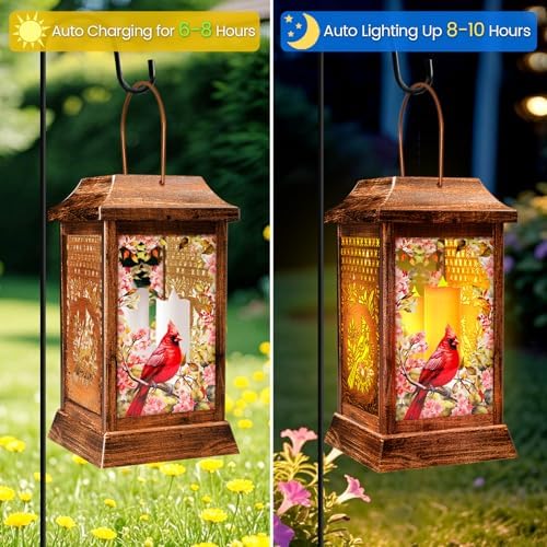 Cardinal Solar Lanterns Outdoor Hanging Lanterns, Metal Glass Garden Decor Solar Lights, Gifts for Women Mom Birthday Grandma Mothers Day, Waterproof Decorative Lantern for Outside Patio Yard - Image 6