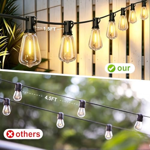 Achin 50FT Solar String Lights Outdoor with 32 LED Bulbs 1.5FT Bulbs Spacing,Patio String Lights Whith Remote, IP65 Waterproof, 3600mAm Battery (50FT 32Bulbs) - Image 2