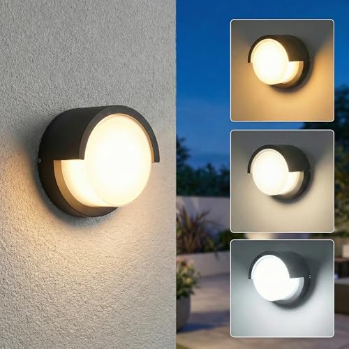 Aiwewin 1 Pack Outdoor Wall Sconces, 6 Inch Modern Round LED Exterior Light Fixtures, 1200LM 3CCT Selectable (3000K/4000K/6000K), IP65 Waterproof Black Aluminum Porch Lights for Garage, House, Garden by HOME