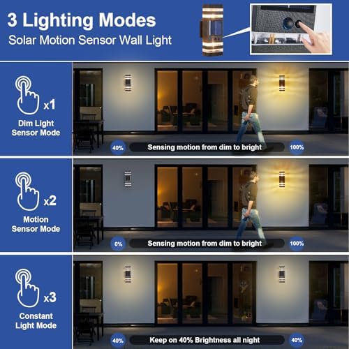 2 Pack Solar Outdoor Wall Lights with 3-Mode Motion Sensor Outside Sconces Up Down Solar Porch Light Fixtures 3000K 500LM Dusk to Dawn Modern Exterior Wall Lamp for House Garage Front Door - Image 4