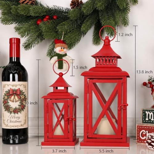 NEEDOMO Christmas Lanterns, Set of 2 Red Candle Lanterns for Porch, Large Vintage Metal Lanterns, Farmhouse Christmas Decor for Patio, Fireplace Mantel, Table, Pathway & Garden - Image 2
