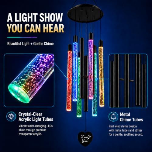 Nacome Solar Wind Chimes for Outside, 6 Color-Changing LED Tubes, Black - Image 3