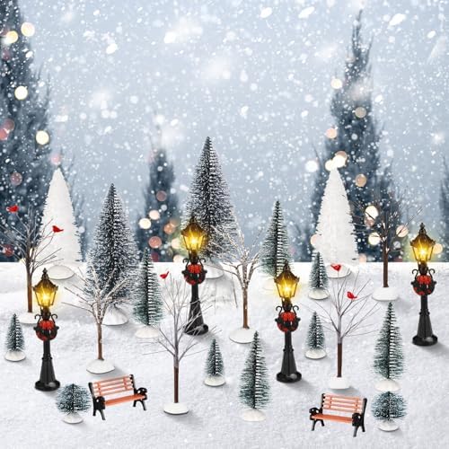 Hotop 28 Pcs Mini Artificial Christmas Village Tree Set Snow Christmas Pine Bare Branch Trees Xmas Street Lamp Post Miniature Park Bench Seat Cobblestone Street for Decoration(Delicate) - Image 5