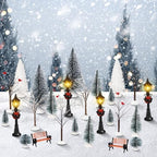 Hotop 28 Pcs Mini Artificial Christmas Village Tree Set Snow Christmas Pine Bare Branch Trees Xmas Street Lamp Post Miniature Park Bench Seat Cobblestone Street for Decoration(Delicate) - Image 5