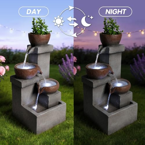 Outdoor Water Fountain with LED Lights, 24" Tall 4-Tier Cascading Waterfall Fountain for Patio Garden Yard Porch Backyard, Resin Outdoor Water Feature Decor - Image 3
