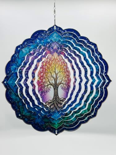 Shwing 12 Inch Wind Spinner Tree of Life Hanging Decor Colorful Spiritual Metal Ornament Outdoor Kinetic Garden Art 3D Wind Spinner for Patio Porch Balcony Backyard Meditation Decoration - Image 3