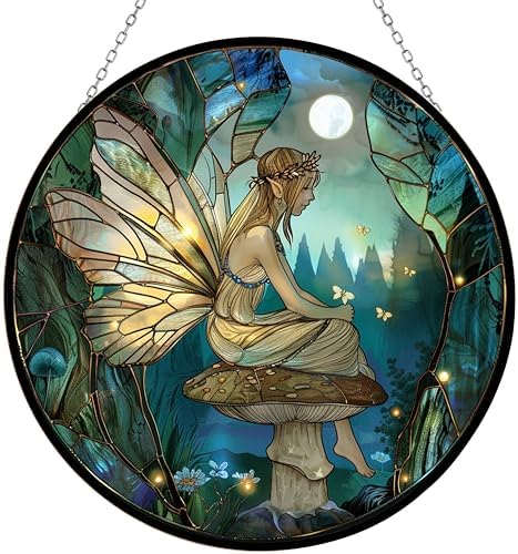 Fairy Mushroom Stained Glass Suncatcher Stained Glass Window Hangings Birthday Gift for Mom Grandma Teacher Women Friend Memorial Hook by 365CUSGIFTS