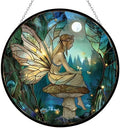 Fairy Mushroom Stained Glass Window Hanging, 9.8’’Sun Catcher Glass Panel Boho Wall Art Decor with Chain, Hand Painted Round Glass Gifts for Couples, Housewarming Gift by 365CUSGIFTS