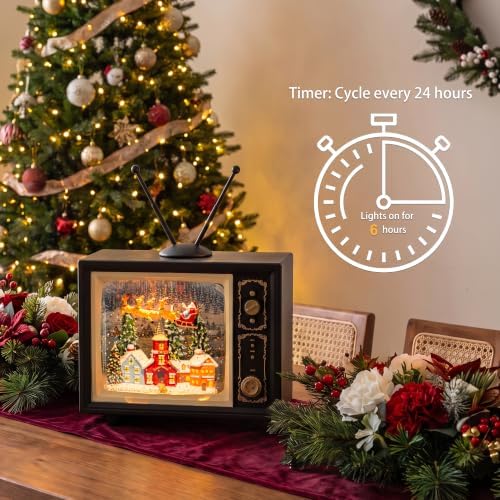 Vintage TV Christmas Snow Globe Lantern with Santa Sleigh and Christmas Village, Musical Lighted Water Lantern with Swirling Glitter, 6H Timer, USB Powered or Battery Operated, Tabletop Decor Gift - Image 6