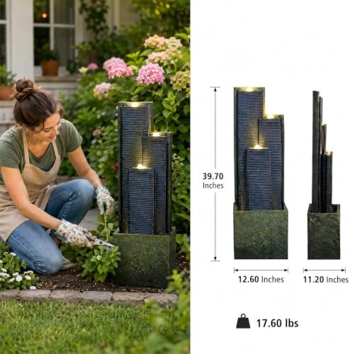 39" Outdoor Water Fountain, 3-Tier Resin Cascading Feature with LED - Image 2