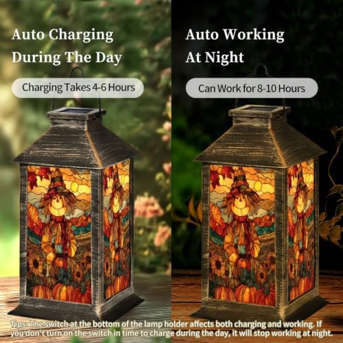 Fall Solar Lantern Autumn Harvest Stained Glass Suncatcher Scarecrow Sunflowers Waterproof Outdoor Hanging Lantern, Solar Powered Garden Light for Patio Yard Camping, Halloween Gift - Image 4