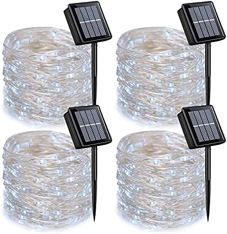 QITONG 4 Pack Solar Fairy Lights, Each 33ft 100 LED White Christmas String Light Outdoor Waterproof, 8 Modes Silver Wire Christmas Twinkle Mini Lights by QITONG